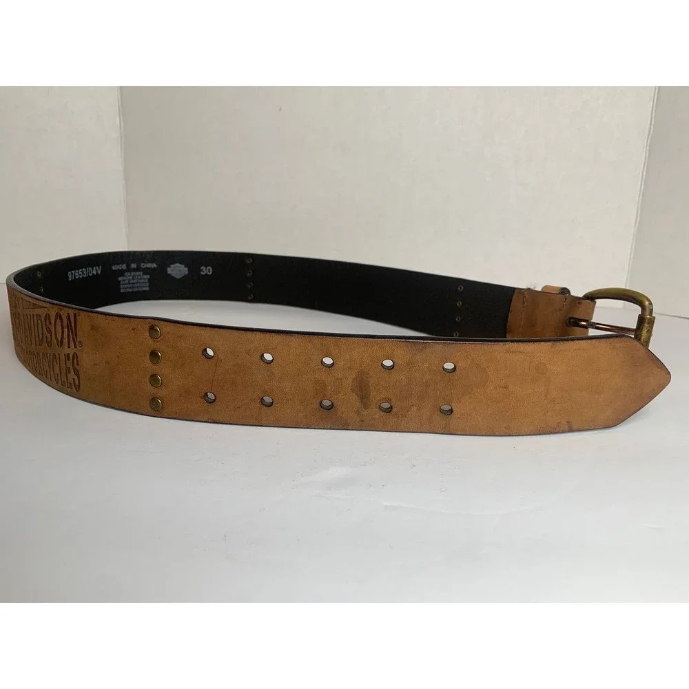 Harley-Davidson Mens Tan Leather Double Prong Biker Belt‎ 97653-04V Size 30